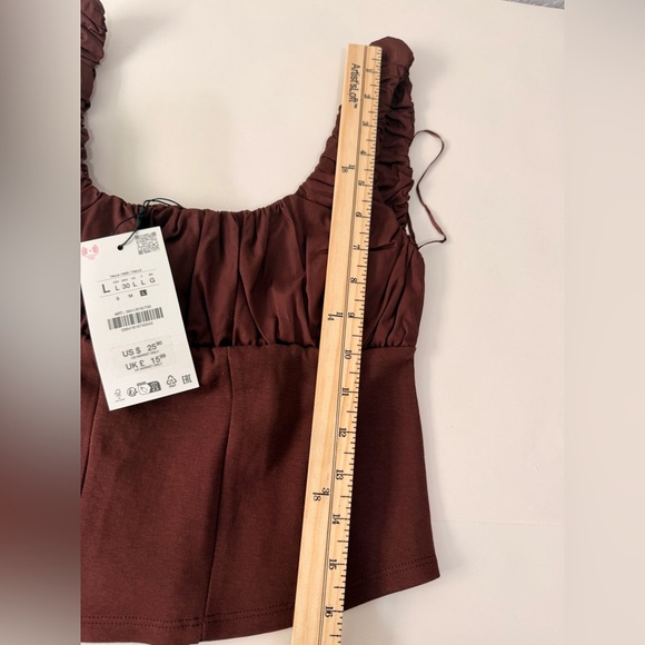 ZARA Chocolate Brown Cotton Corset Style Crop Top | Ruched Strap Bustier Top - Picture 3 of 5